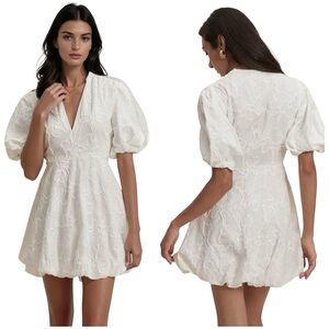 Christian Lacroix Floral Embroidery V Neck Puff Sleeve  Bubble Hem Mini Dress